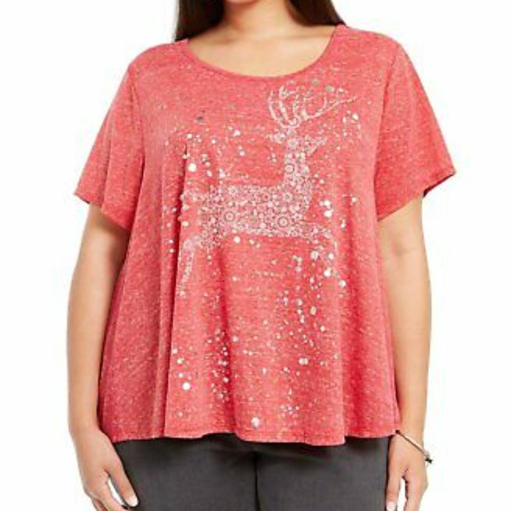 Style & Co women plus size 1X short sleeve Joy Reindeer t-shirt pink grunge comf